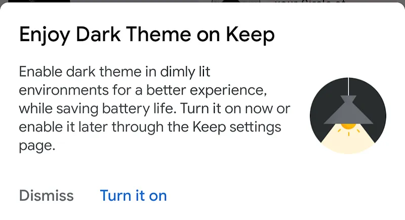 Google Keep introduciendo una bienvenida a la nueva funcionalidad con opción a deshabilitar.